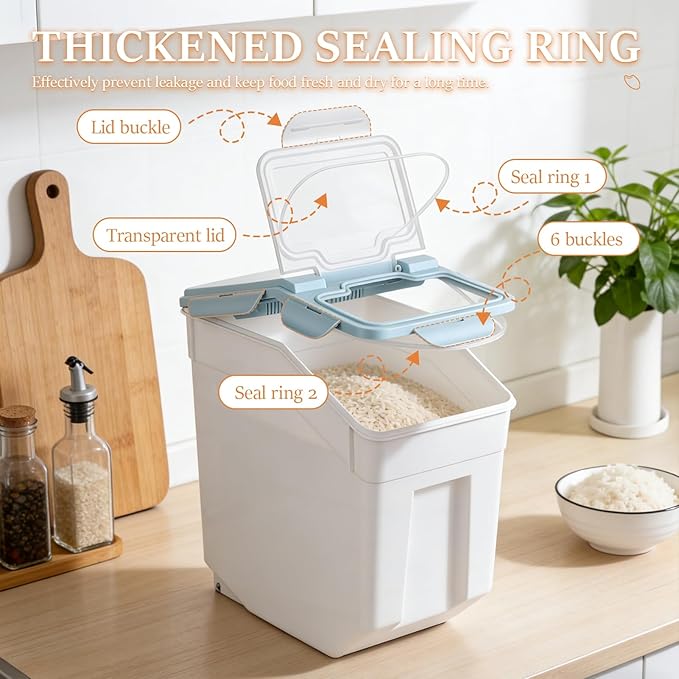 2 Pack 55 Lbs Airtight Rice Storage Container, Large Pantry Bin with Locking Lid & Wheels, Food-Grade PP Dry Goods Dispenser with Measuring Cup for Flour Grain Cereal Pet Food Kitchen Organization Bl