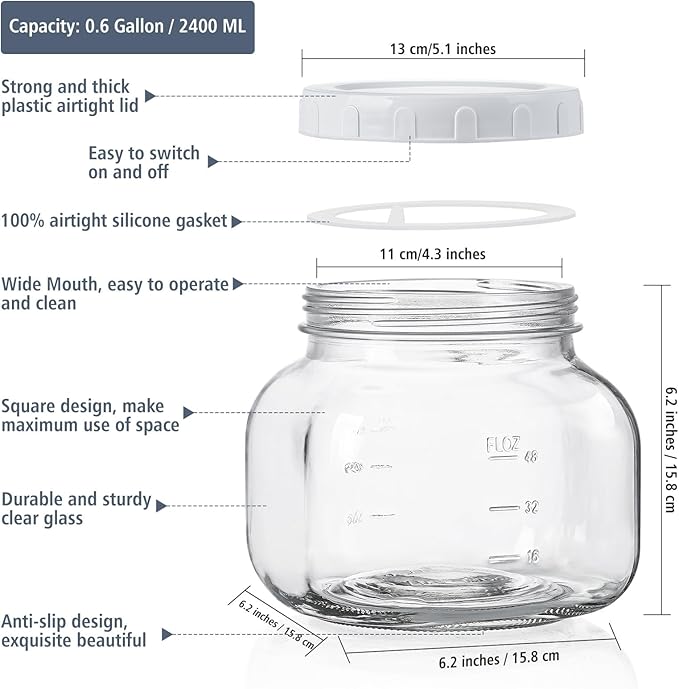 0.6 Gallon Airtight Glass Jar with Lids, Wide Mouth Half Gallon Mason Jar for Pickle, Cookie, Kombucha, Flour, Sugar. Set of 2 Large Pickle Jar with 2 Scale Marks
