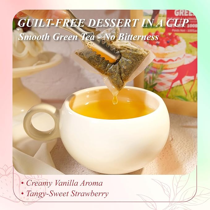 WT WEETEE Strawberry Vanilla Green Tea Bags 100 Count - Smooth & Decadent Dessert-Inspired Blend - Zero Calorie, Rich Antioxidants - Refreshing Iced or Hot