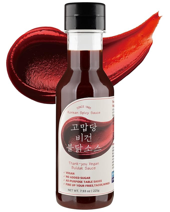 Thank-you Vegan Buldak Sauce Sugar-Free Korean Fire Hot Sauce with Allulose – Plant-Based, No Chicken Extract | Squeeze Bottle for Ramen, Rice Bowls, Tacos, Pizza & Cauliflower Wings | 9.17 fl.oz (260ml)