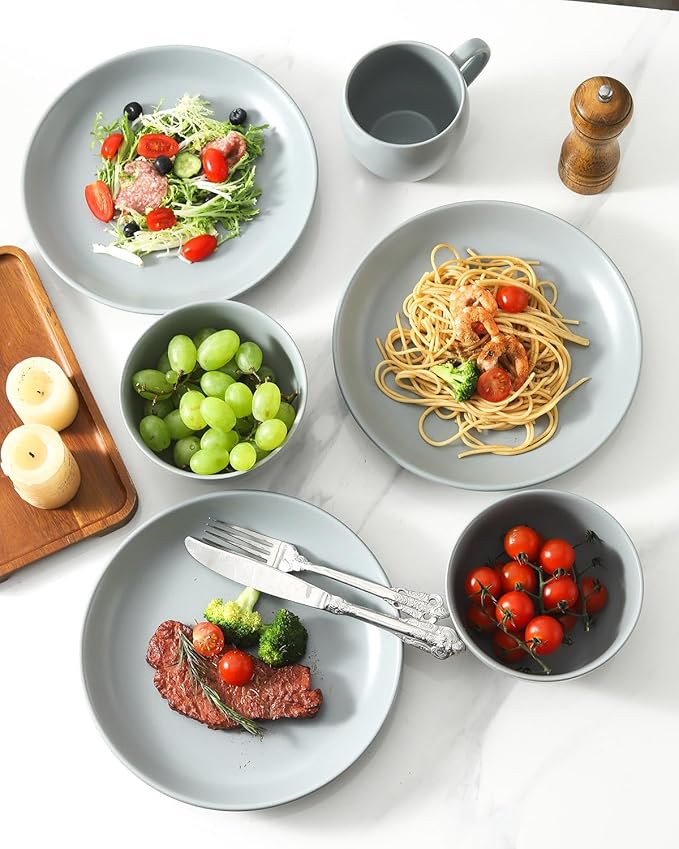 Stoneware Plate, 10 Inch Dinner Plate Set of 4,Dinnerware Set Plates for Steak, Noodless, Microwave, Oven, and Dishwasher Safe,Pebble Gray