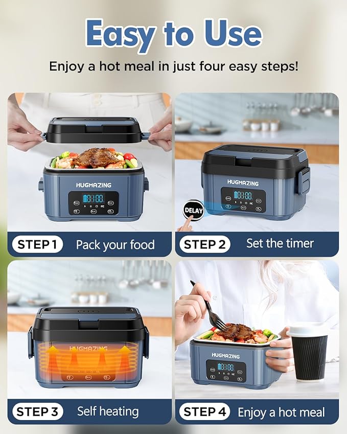 Hugmazing Cordless Electric Lunch Box for Adults, Men & Women – Rechargeable Self-Heating Food Warmer with 1.2L SS Container, Battery-Powered Heated Lunch Box, Perfect for Work and Travel Use