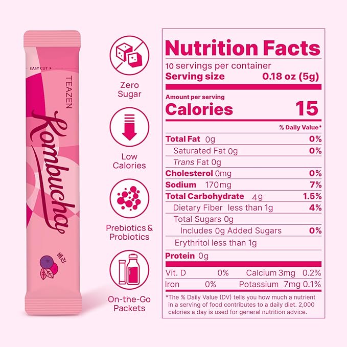 TEAZEN Berry Kombucha Powder, Hydration Drink Mix, Sugar Free, Live Probiotics & Prebiotics, On-the-Go 10 Packets, 1.76oz