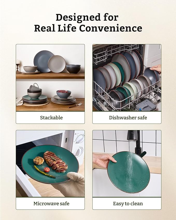 Famiware Venus Stoneware Dinnerware Set with Pasta Bowls for 4, 16-Piece Speckled Plates and Bowls with Trim, Matte Dark Green - Chip‑Resistant Dishes for Everyday & Formal, Microwave/Dishwasher Safe