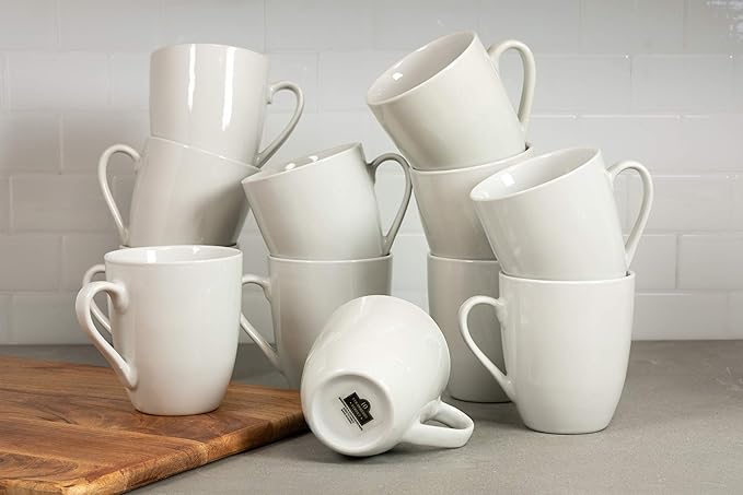 10 Strawberry Street Catering Ceramic 12 oz Coffee Mugs, Round, Set of 12, White - Coffee Cups for Coffee, Tea, Latte and Hot Beverages for Everyday Use, Microwave and Dishwasher Safe