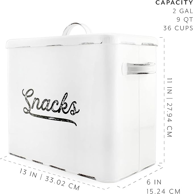 AuldHome Design Rustic Snack Bin, White Enamelware Snack Container Perfect for Single Serving Snacks