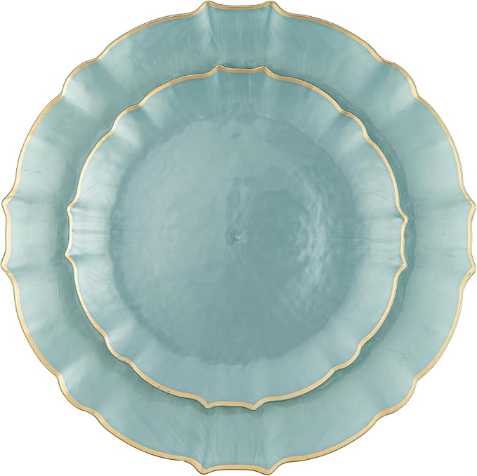 PLASTICPRO 24 Piece Pearl Blue WithGold Rim Aristocratic Combo Plastic Dinner Plates Disposable Plastic Fancy Heavy Duty Party Dishes 12, 7'' inch and 12, 10'' inch, Pearl Blue With Gold Rim