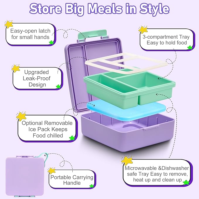 Bento Lunch Box for Kids with 17oz Soup Thermo,Insulated Tumbler Water Bottle and Insulated Lunch Bag,Leak-Proof 3 Compartment Lunch Food Container with Ice Pack for Kids to School-Purple