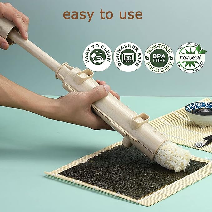 Sushi Making Kit with 2 Bamboo Rolling Mats & Sushi Bazooka, Better Than Single Mats or Molds, Food-Grade, Beginner Friendly Set for Perfect Homemade Maki Rolls