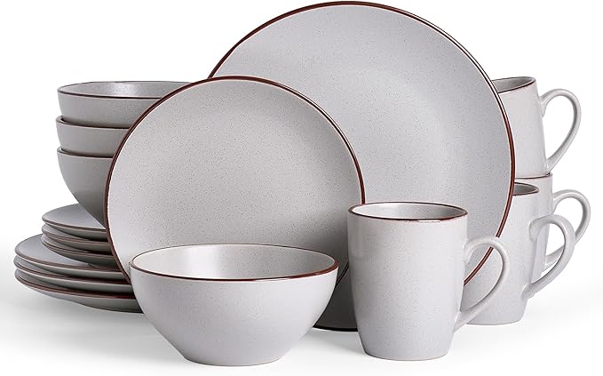 Famiware Venus 16-Piece Stoneware Dinnerware Sets with Mugs, Plates, Bowls, Service for 4, Matte Light Gray - Modern Ceramic Chip‑Resistant Dishes for Everyday & Formal, Microwave & Dishwasher Safe