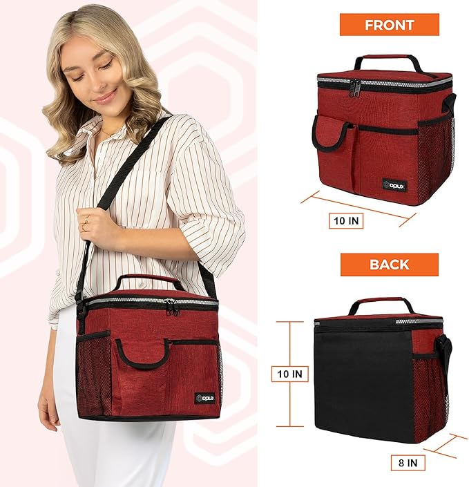 opux Insulated Lunch Box for Men Women Kids, Leakproof Reusable Lunch Bag Cooler for Work School Office, Soft Thermal Lunchbox Tote with Shoulder Strap for Boys Girls Adults, Heather Red, 18 Can/10L