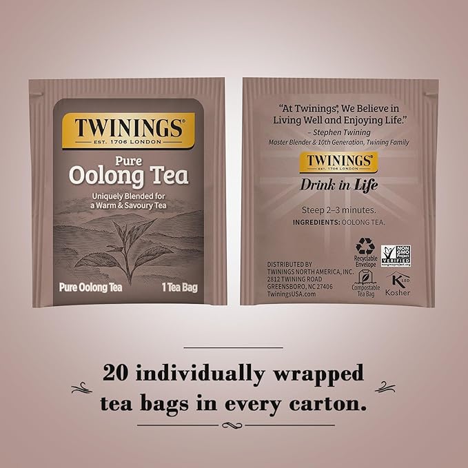 Twinings Pure Oolong Tea 2-Pack – Golden Caffeinated Tea, Individually Wrapped Tea Bags, 20 Count Each