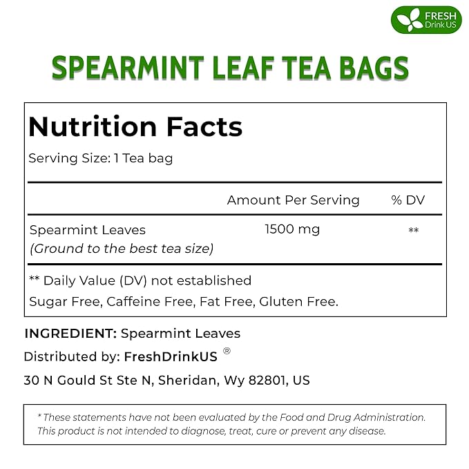 FreshDrinkUS, Premium 135 Spearmint Tea Bags, 100% Natural & Pure from Spearmint Leaves. Loose Leaf Spearmint Herbal Tea. Made with Natural Material Tea Bags. No Sugar, No Caffeine, No Gluten, Vegan.