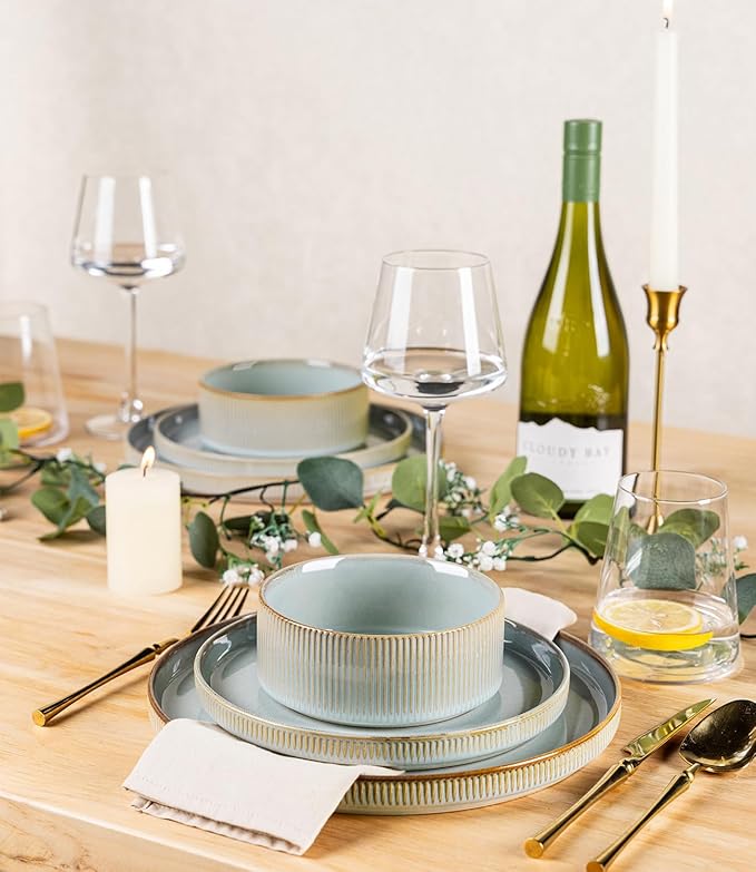 TheTerra Ceramic Dinnerware Sets for 6, 18 Pieces Porcelain Lightweight Plates and Bowls Sets, Scratch Resistant Dish Set, Oven & Microwave & Dishwasher Safe, Illusion Blue
