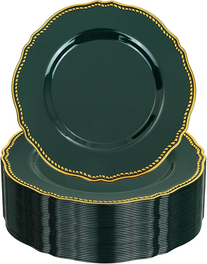 Hioasis 60pcs Green Plastic Plates - Green and Gold Disposable Dinnerware with Gold Rim, Heavy-duty, 7.5 inch, Dessert Plates for Party & Christmas