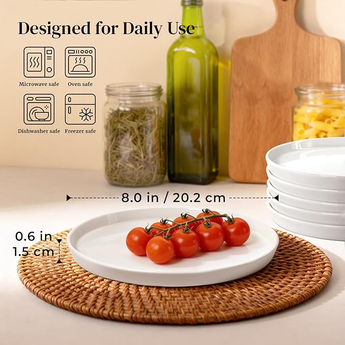 DOWAN 8" Porcelain Salad Plates Set of 6, Ceramic White Dessert Plates Set for Salad, Pasta, Steak - Appetizer Plates, Dining Plates for Parties, Restaurant - Dishwasher & Microwave Safe - Gifts