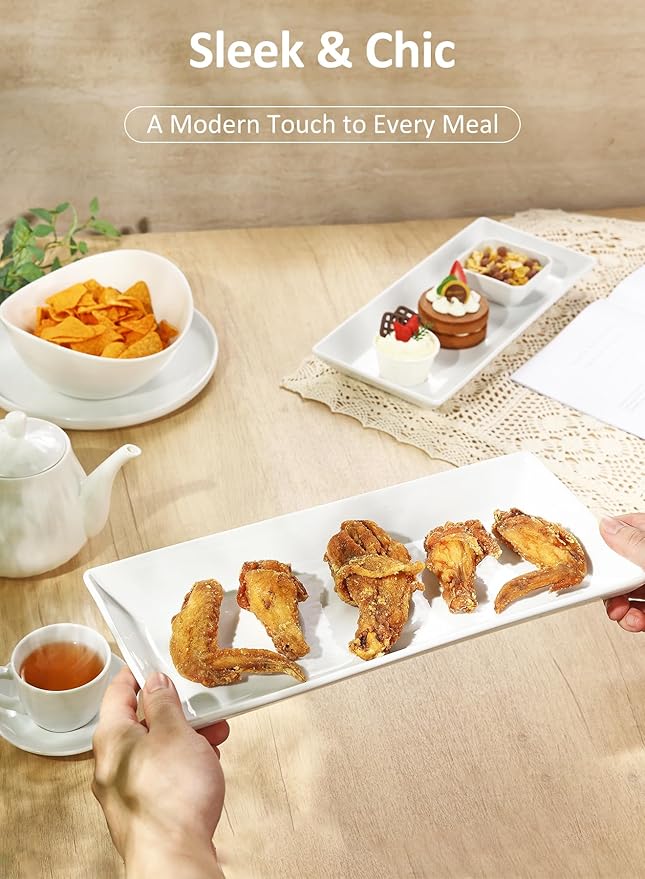 14” White Porcelain Serving Platters, Elegant Large Rectangular Plates Trays for Dinner Parties, Appetizers, Sushi, Desserts & More, Microwave & Dishwasher Safe, Set of 4