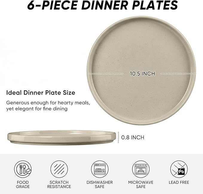 E-far Dinner Plates Set of 6, 10.5 Inch Stoneware Dinner Plate with Raised Edges, Chip & Scratch Resistant | Microwave & Dishwasher Safe Modern Ceramic Dishes for Dessert Salad, Speckled Khaki