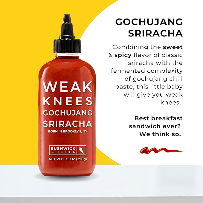 Weak Knees Gochujang Sriracha Hot Sauce - Infused with Bold Korean Gochujang Paste & Classic Spicy Sriracha for Noodles, Rice & Marinades - Made in the USA - 10.5oz Squeeze Bottle