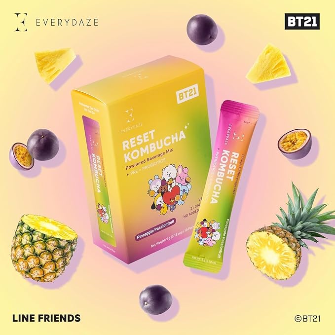 Everydaze BT21 Reset Kombucha Tea Powdered Beverage Mix | 10 Sticks | Prebiotics + Probiotics | Vegan | No Added Sugar, Gluten Free, Sparkling Powder Drink Pack (Pineapple Passion Fruit)