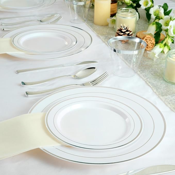 FOCUSLINE Silver Plastic Plates Set of 60, Disposable Plates with Silver Rim 30 Dinner Plates 10" and 30 Salad Dessert Appetizer Plate 7", Elegant Fancy Heavy Duty Wedding Party Plates