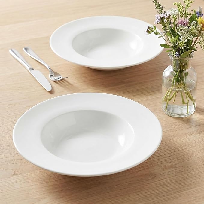 Pasta Plates with Rim 12 oz, Soup Bowl Pasta Bowl Set of 4, White Shallow Bowl Plate, Ceramic Wide Rimmed Soup Bowl, Best choice for high-end restaurants, hotels, and foodies, 10 Inch