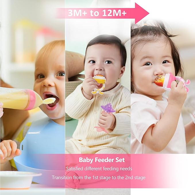 Baby Fruit Feeder Pacifier | 2 Infant Food Feeder Pacifier & 1 Baby Food Dispensing Spoon | Mesh Fresh Fruit Teethers for Babies Teething Feeders | Shower Gifts for Boys and Girls (Pink)
