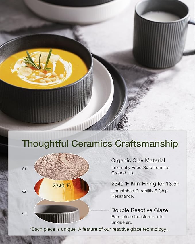 Famiware Star 12-Piece Stoneware Dinnerware Sets for 4, Reactive Glaze Plates and Bowls, Modern Rustic Dishes for Everyday/Formal Use, Chip/Scratch Resistant, Microwave/Dishwasher Safe, White & Black
