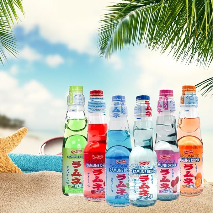 UNHA'S ASIAN SNACK BOX Ramune Japanese Marble Soda Variety Pack - Multiple Flavors - Original, Strawberry, Blueberry, Melon, Lychee, and Orange, Japanese Drink Gift Box (6 Count)