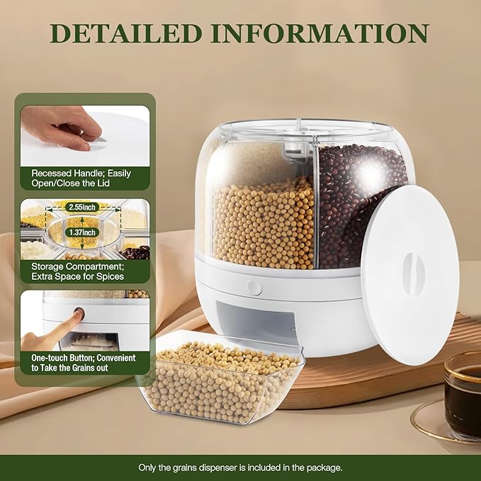 360° Rotating Grain Storage Container – Large Rice Dispenser with One-Click Output, Multi-Compartment Kitchen Organizer for Small Grains, Beans, Flour (Airtight & Stackable)