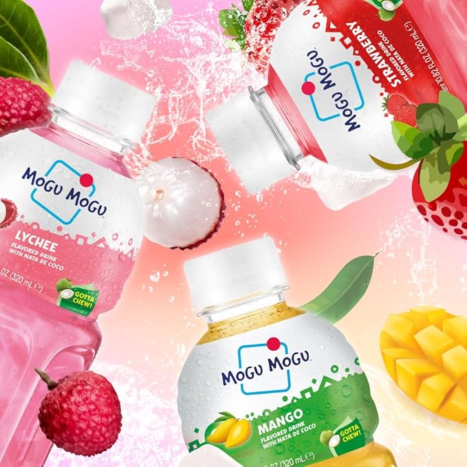 Mogu Mogu Variety Pack Juice Drink with Nata de Coco (Coconut Jelly) – Lychee, Strawberry & Mango, Chewy Fruit Beverage for Kids & Adults, 6 Pack Bottles, 10.82 fl oz Each