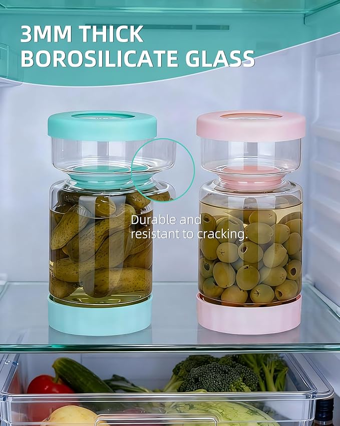 ZENS Pickle Jar with Strainer Flip, 37 oz Hourglass Pickle Juice Separator Container, Airtight Leakproof Lid, Dual Wet-Dry Design, Time Tracker Lid – 2 Pack Olive & Kimchi Jars