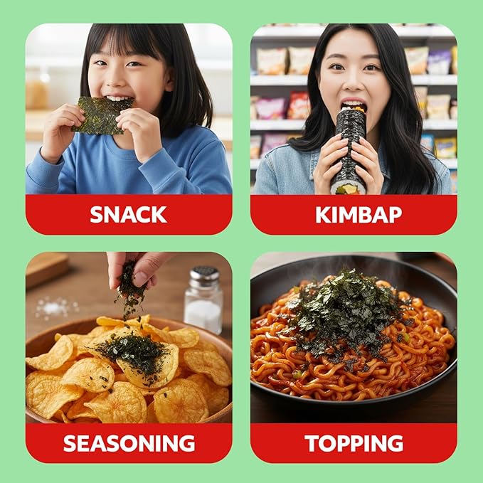 Kim’s Table Roasted Seaweed Snack – Korean Seasoned Spicy Seaweed Sheets, Light & Crispy, Healthy Low Calorie Gluten Free Vegan Snack, 6 Convenient Packs (0.14oz Each) (Sriracha) 스리라차맛 한국 김