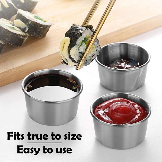 Huakaile 12 Pcs 2 oz Stainless Steel Dipping Sauce Cup, Mini Dip Bowls, Reusable Metal Condiment Cups Ramekins Containers for Ketchup Dressing Home Party Restaurant Kitchen (12PCS Silver)