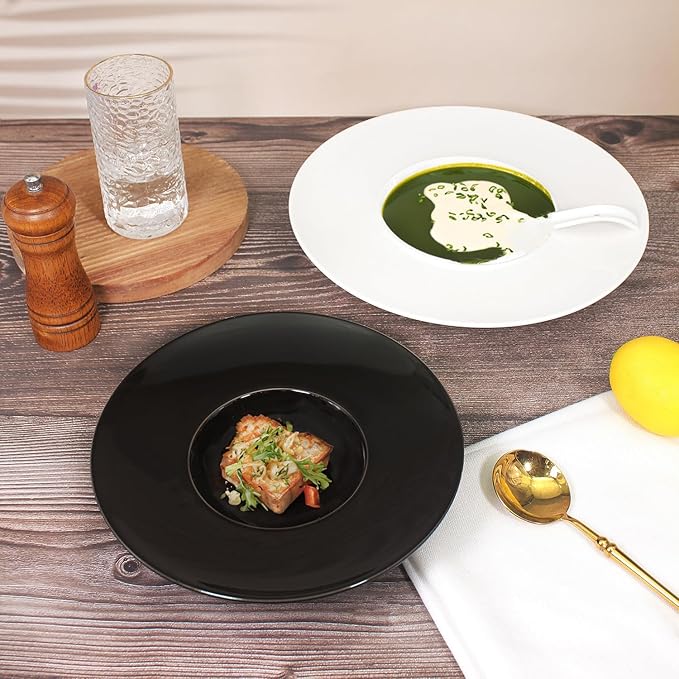 Ceramics Rimmed Soup Bowls 8.6 oz, Black 11 inch Exquisite small soup plate Set of 4, Pasta plates With Rim is the best choice for hotels, kitchens, fine restaurants and gourmets