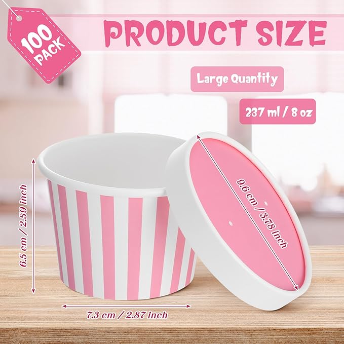 Fulmoon 100 Pack Paper Soup Containers with Lids Disposable Paper Food Containers with Vented Lid Kraft Ice Cream Cake Dessert Cups Soup Bowl for Party Hot Food Fruit Microwave(8 oz,Pink)