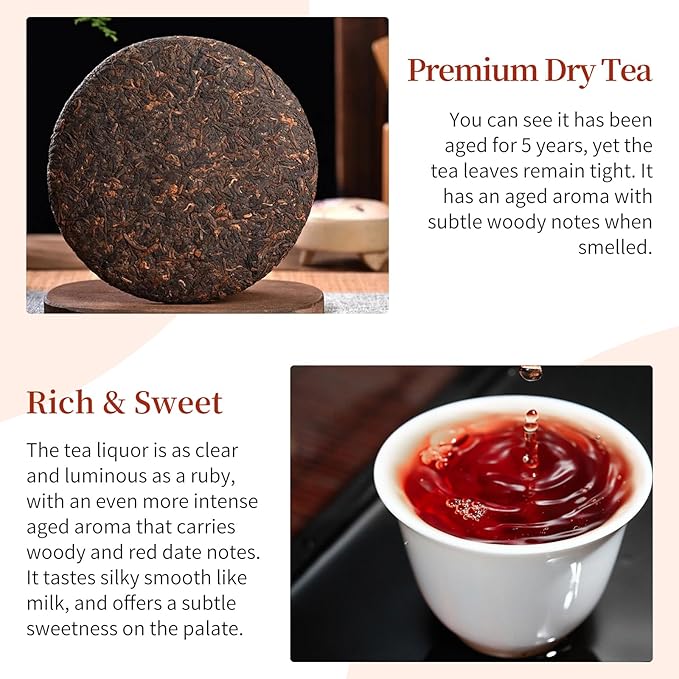 CHADUO Puerh Tea Cake 357g/12.6oz Ripe Pu erh Tea Chinese Fermented Puer Classic Premium Yunnan PuerhTea Aged For 5 Years With Date & Aged Wood Fragrance 普洱茶 熟茶 普洱茶饼