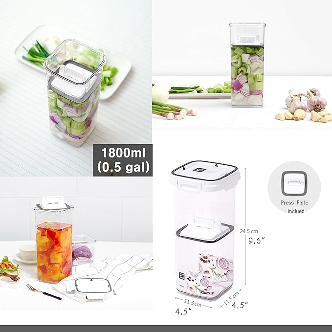Pickle keeper Press Plate Food Storage Container Organizer for Kimchi Sauerkraut Fermentaion Airtight Lid Locking for Preserved Food (1800ml / 0.5 gal)