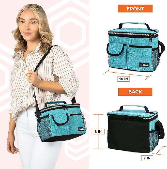 opux Insulated Lunch Box for Men Women Kids, Leakproof Reusable Lunch Bag Cooler for Work School Office, Soft Thermal Lunchbox Tote Shoulder Strap for Boys Girls Adults, Heather Sea Blue, 14 Can/8L