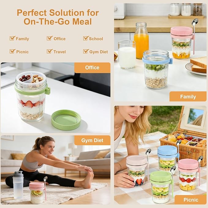 Overnight Oats Containers with Lids and Spoon - 6 Pack 16 oz Glass Mason Jars with Separate Compartments Leakproof Airtight Chia Pudding Salad Yogurt Parfait Cups for Oatmeal Cereal Meal Prep
