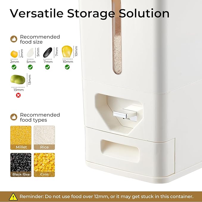 UFORU Rice Dispenser 12 Lbs (6kg), Dry Food Storage Container Sealed Moisture-Proof with Built-in Drawer for Kitchen Pantry Household, BPA-Free