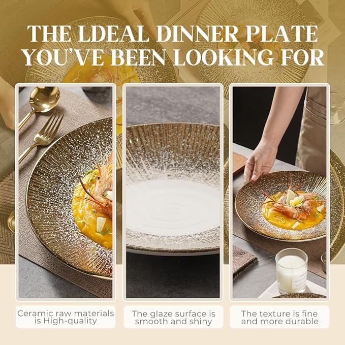 Akita Series 9.7-Inch Round Platter Set of 4, Gold Starburst Design with White Speckles, Food-Safe Porcelain for Entertaining & Holiday Gifting