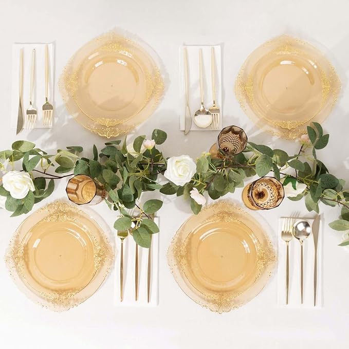 Efavormart 10 Pack | 8" Translucent Gold Baroque Dessert Plates, Leaf Embossed Metallic Rim Shatterproof Appetizer Plates for Festive Cocktail Hours
