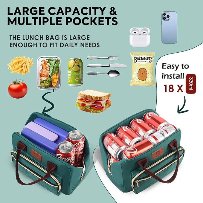 Genteen Lunch Bag Lunch box for Women men Insulated Tote LunchBox for Adult Women Men Reusable Lunch Box with Front Pocket for Work, Picnic or Travel-18 Cans/14 Liters - PURPLE/LAKE GREEN