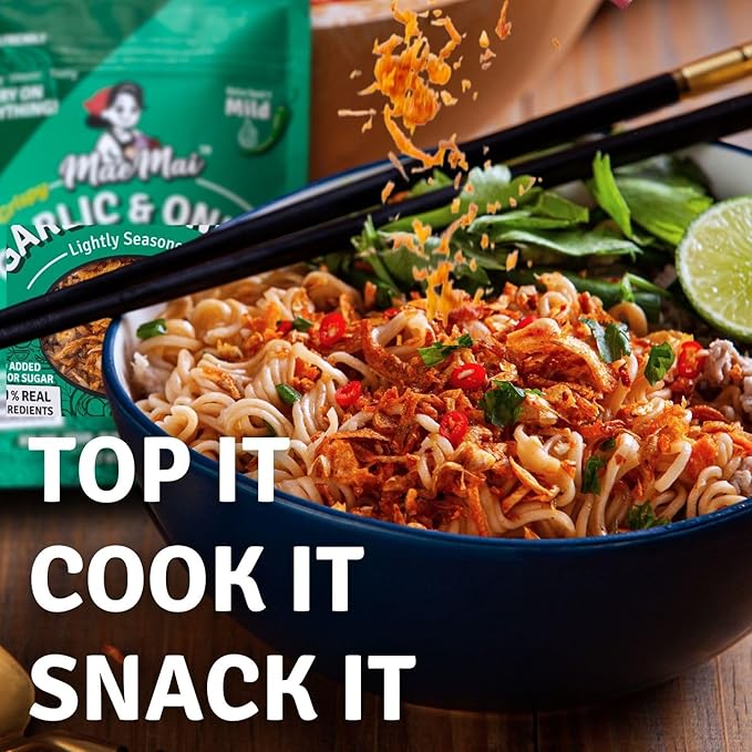 MaeMai Crispy Onion Garlic Flakes (MILD) – Light Heat Crunchy Fried Onion & Garlic, Ramen Rice & Salad Topping, Gluten Free, Vegan, 3.17 oz (90g) – Bag