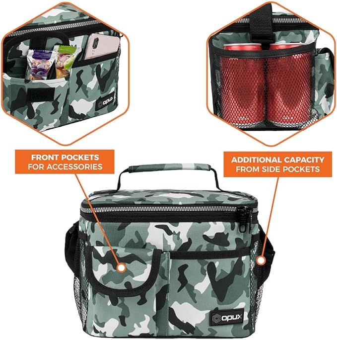 opux Insulated Lunch Box for Men Women Kids, Leakproof Reusable Lunch Bag Cooler for Work School Office, Soft Thermal Lunchbox Tote with Shoulder Strap for Boys Girls Adults, Camo Green, 14 Can/8L