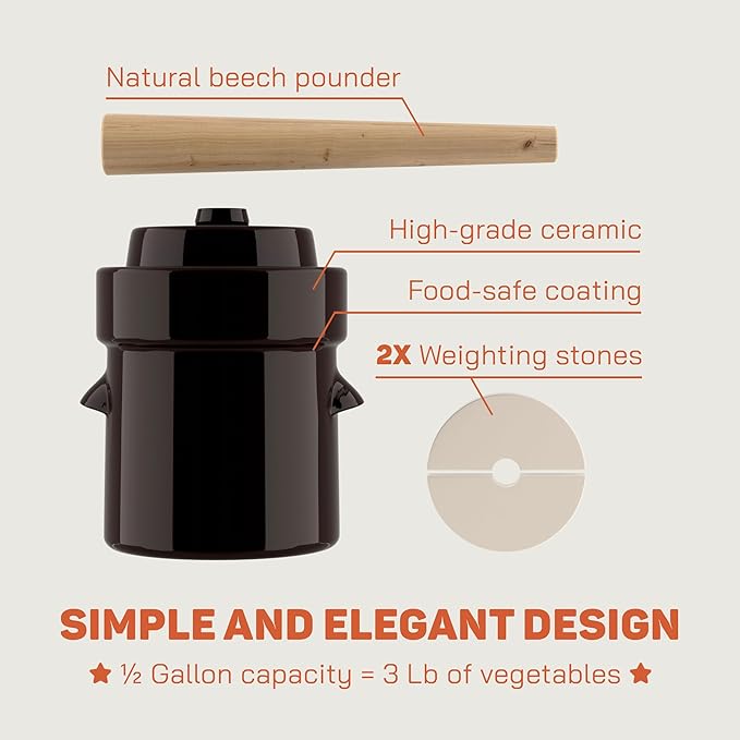 Fermentation Crock 1/2 Gallon - Sauerkraut Crock with Lid, Weights & Pounder - Ceramic Fermenting Crock Kit for Pickling Cabbage Kimchi Vegetables - 2 Liter Fermentation Jar - Stoneware Pickle Pot