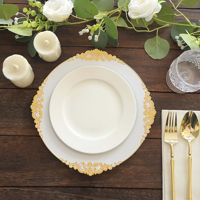 Efavormart 10 Pack | 10" White and Gold Baroque Dinner Plates, Leaf Embossed Metallic Rim Heavy Duty Serving Plates for Formal Wedding Banquets