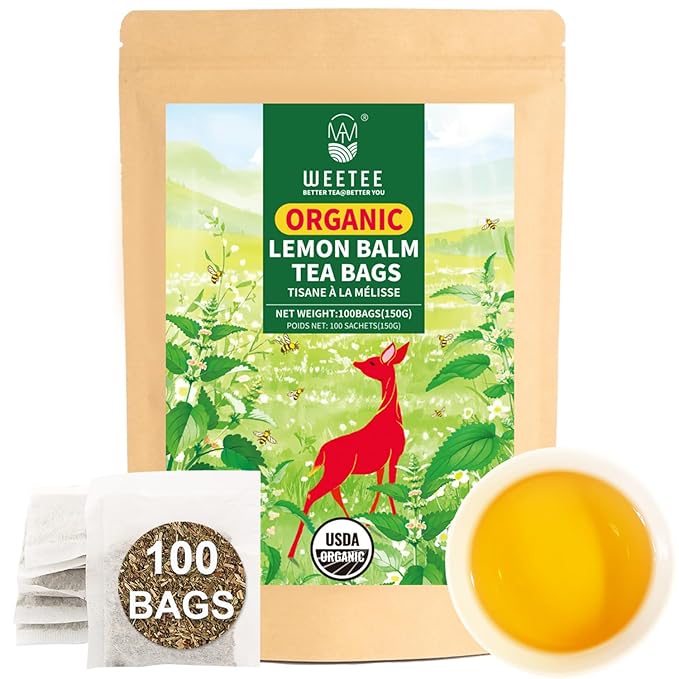 WT WEETEE Organic Lemon Balm Tea Bags 100 Counts, Pure Herbal Tea for Daily Reset, Caffeine-Free & Clean Taste