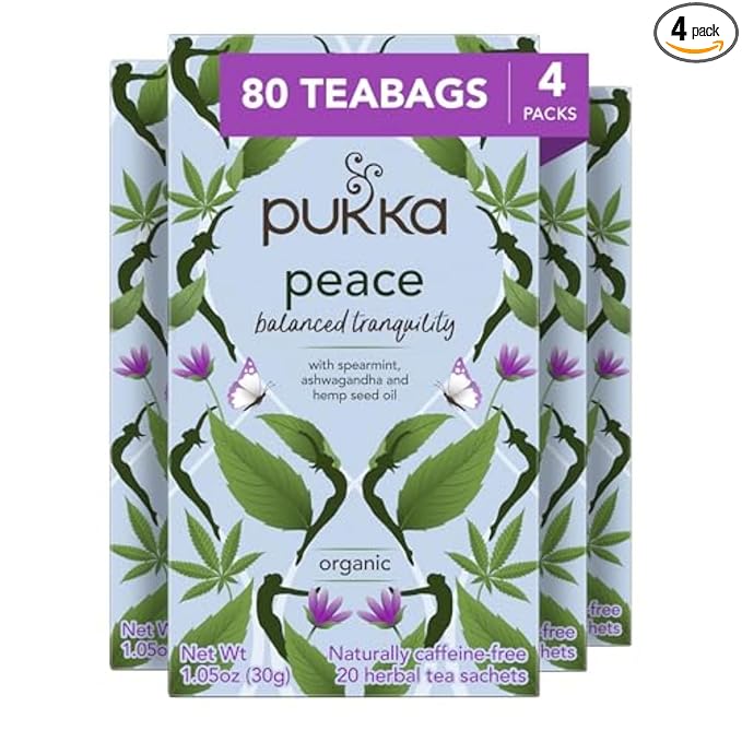 Pukka Peace Organic Tea Bags, Herbal Tea with Spearmint, Ashwagandha, and Hemp Seed Oil, Perfect for Balanced Tranquility, Caffeine Free, 80 Total Tea Bags (20ct - Pack of 4)